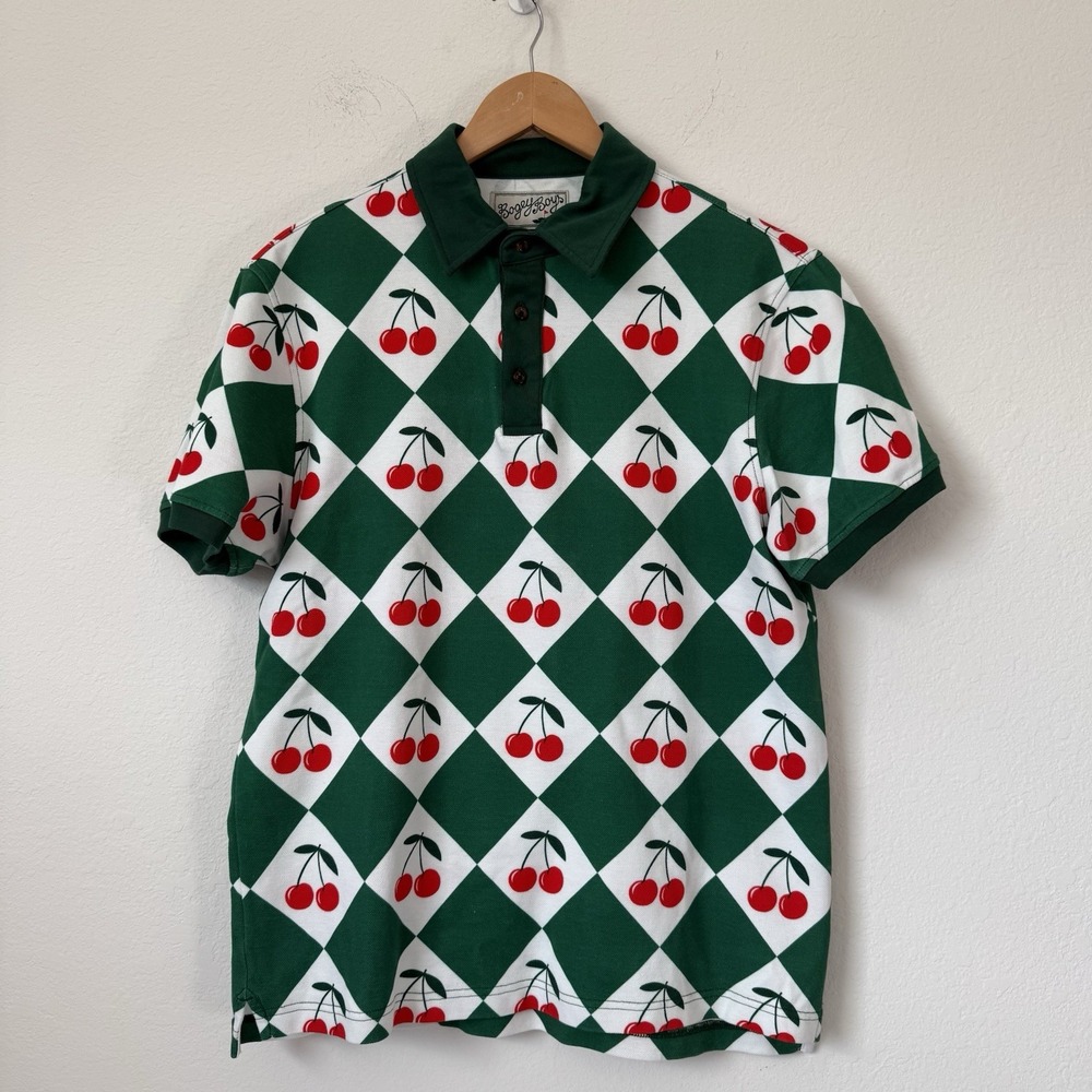 Bogey Boys Polo Shirt Mens M Green Cherry Diamond Print Cotton Golf Macklemore‎